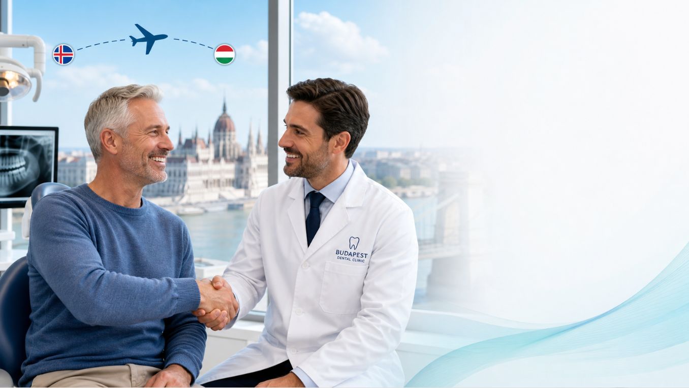 Smiling Icelandic patient with new All on 6 dental implants shaking hands with Hungarian dentist in modern Budapest clinic, dental tourism from Iceland to Hungary